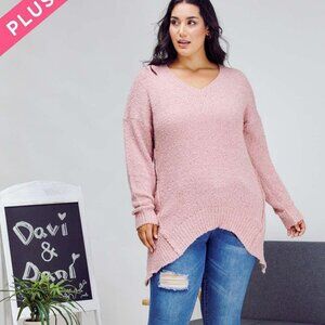 Davi & Dani Pink V-Neck Hi-Low Hem Knit Sweater - Plus Size Cozy Oversized